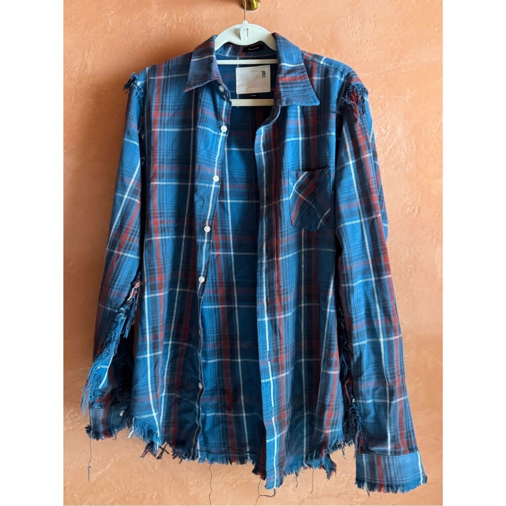 R13 Shredded Seam Shirt Blue Plaid Japanese Fabric Medium